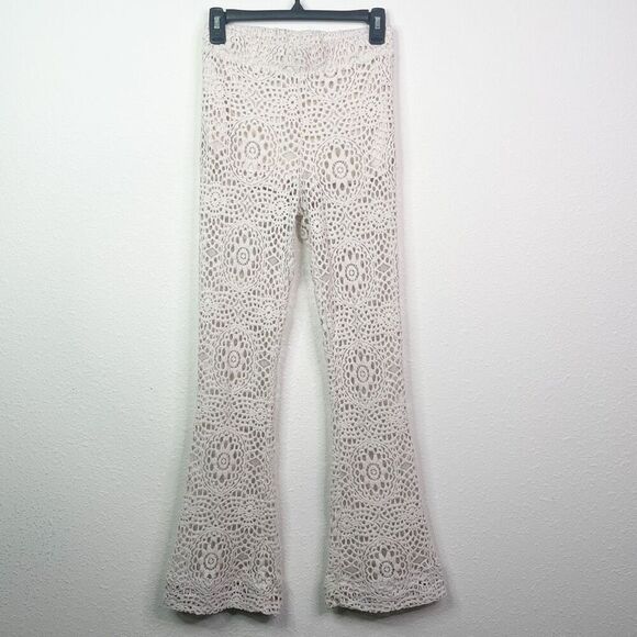TopShop Cream Crochet Sheer Euro Summer Flare Leg Open Knit Flare Pants Sz US 4 - Picture 1 of 10